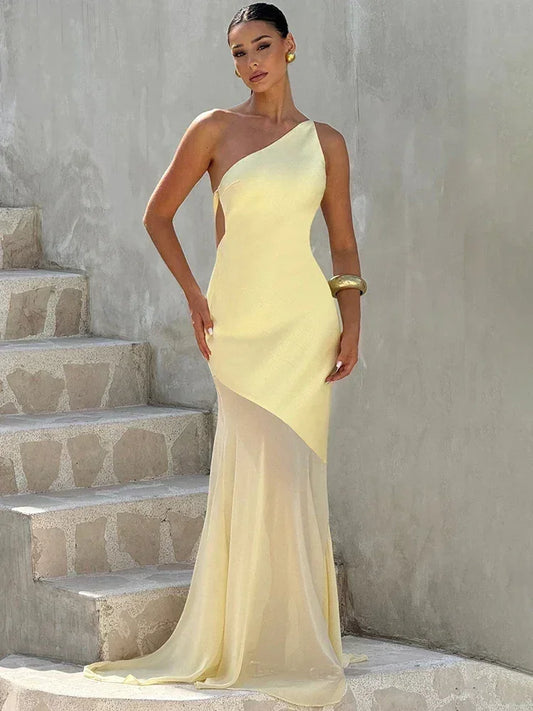 Mozision One Shoulder Backless Sexy Maxi Dress Women Gown Fashion Patchwork Sleeveless Bodycon Club Party Long Dress Elegant