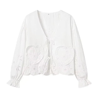 Foridol Heart Embroidery White Cotton Women Blouse Bowknot Spring Summer Lantern Sleeve Casual Shirt V Neck Loose Chic Blusa