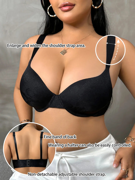 Everyday Solid Color Basic Plus size Bra Delicate Light Embroidery B C D Thin Cup Comfortable No Lining Push up Bra for Women