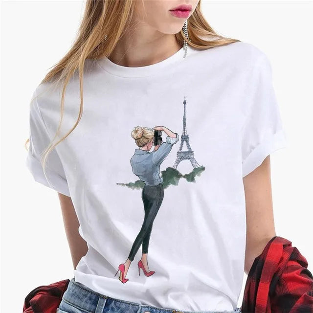 Paris Girl Europe and America Fashion Loose Ins White Short-sleeved T-shirt Woman Graphic T Shirts  Harajuku  Women Clothes