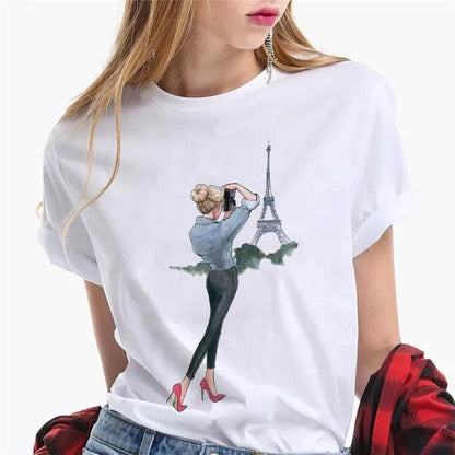 Paris Girl Europe and America Fashion Loose Ins White Short-sleeved T-shirt Woman Graphic T Shirts  Harajuku  Women Clothes