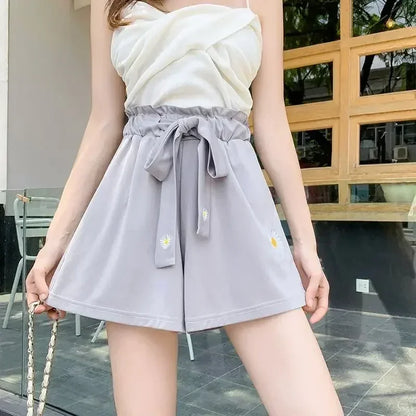Summer Lightweight Black Casual Sports Pants Women Student Loose High-Waist Wide-Leg Shorts