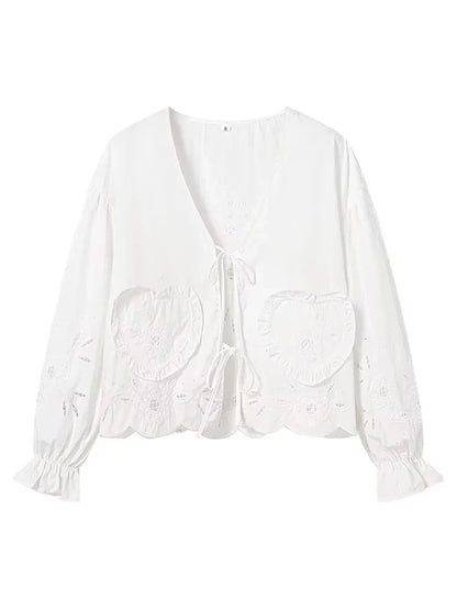 Foridol Heart Embroidery White Cotton Women Blouse Bowknot Spring Summer Lantern Sleeve Casual Shirt V Neck Loose Chic Blusa