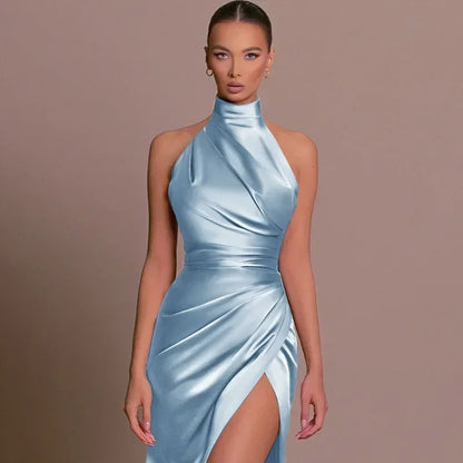 Ladies Summer Satin Evening Birthday Party Dresses Women Sleeveless Backless Halter Side Slit Elegant Long Dress Mowan Clothes