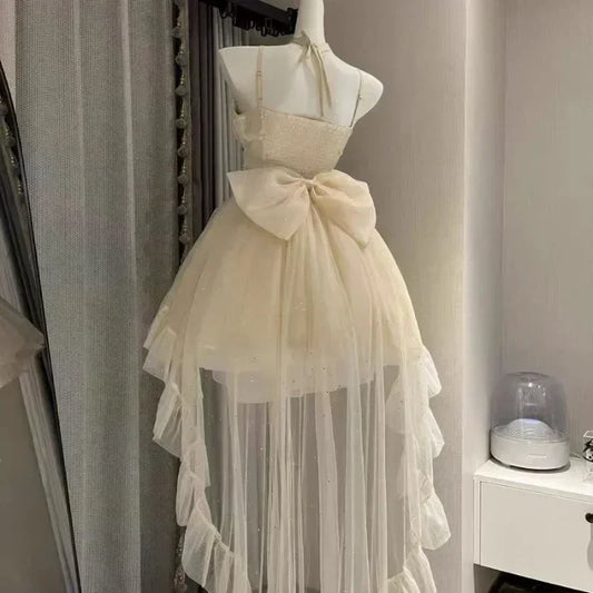 2025 Women Kawaii Ruffles Bow Suspender Princess Dresses Gothic Lolita Jsk Mini Dress Girl Sweet Fairy Party Trailing Dress