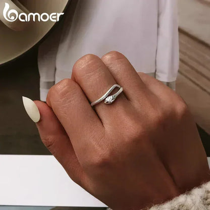 BAMOER 925 Sterling Silver Platinum Plated Adjustable Ring, Green Zircon Retro Textures Snake Ring Fashion Jewelry 4 Colors