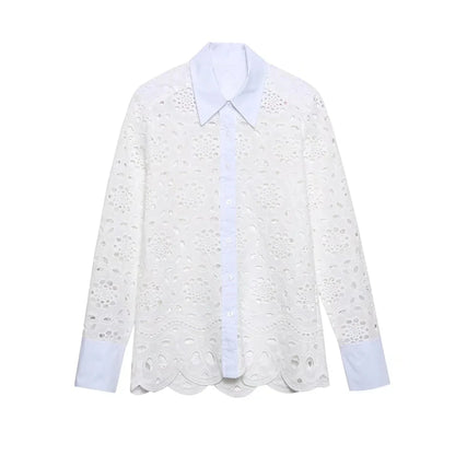 Spring Women Summer White Lace Dress Set Hollow Out Embroidery Shirt Skirt 2 Pcs Robe Outfits Single Breasting Cotton Maxi Dress