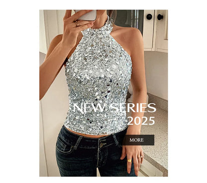 Phantasy Elegant Temperament Neck Sequin Camisole Women T-shirt Sexy Sleeveless Tank Top Female Clothes Tops 2025 Summer