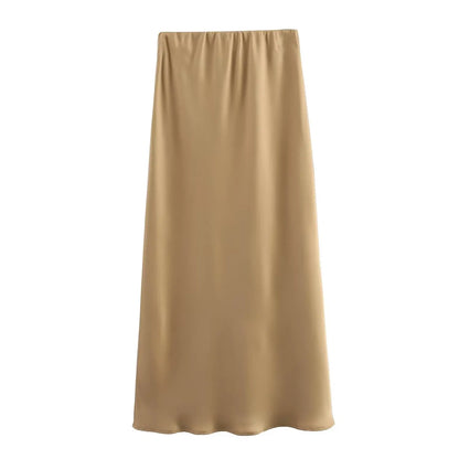 2026 New Women's European And American Style Fashion Silk Satin Texture High Waist Skirt Street Style Elegant Mid-length Skirt