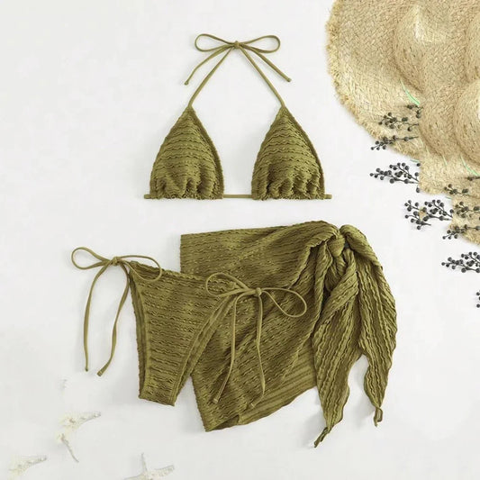 Army Green Solid Swimwears 3 Piece Halter Triangle Bikini Set Cover Ups Micro Thong Sexy Swimsuit Women Beachwear String Bikinis