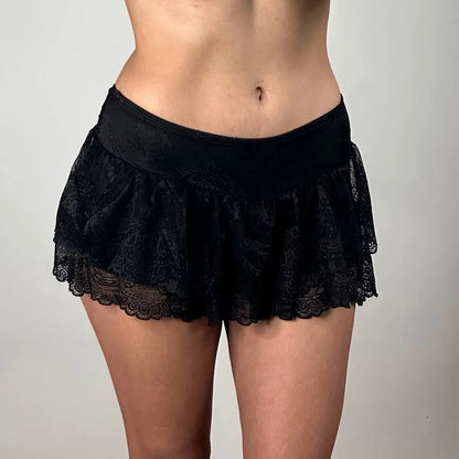 Women's Summer Sexy Casual Skirt Solid Color Low Waist Lace Ruffled Skirt with Lined Shorts