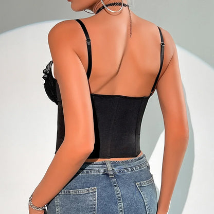 Phantasy Fashion Laec Balck Crop Top Women French Style Pink Bow Strap Tanks Lady Elegant Party Fishbone Camisole Summer Outfit