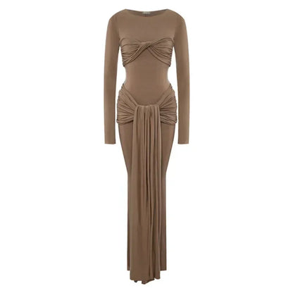Tossy Female Pleated Sexy Maxi Dress Patchwork Twist Slim Long Sleeve Solid Y2k Autumn Streetwear Dress Women's Bodycon Dress
