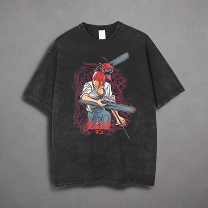 🪚 Chainsaw Man Acid-Washed Vintage Graphic T-Shirt – Harajuku Streetwear