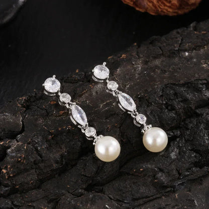 ZAKOL White Teardrop Pearl Dangle Earrings for Women Shiny Cubic Zirconia Earring Bridal Wedding Jewelry Valentine's Day Gift