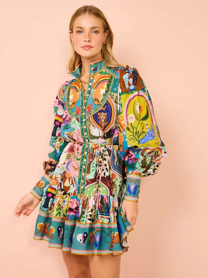 2025 printed round neck cinched waist strap pleated ruffle edge retro pleated dress cardigan temperament versatile dress