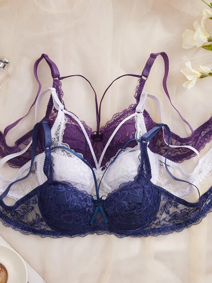 3Pcs Sexy Lace Women's Bra Crisscross Straps Underwire Push-Up Bralette Thin Soft Fashion Lingerie