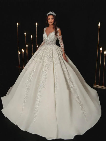 Modern Wedding Dresses A Line Bridal Gowns Lace Appliques Full Sleeves Floor Length Robes Charming Vestidos De Novia Customized