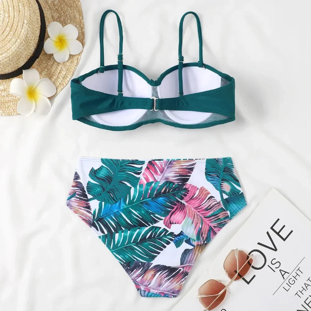Print Bandeau Bikini Swimsuit Women Push Up Bikini Set Swimwear Female High Waisted Bathing Suit Beach Wear Brazilian Biquini