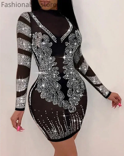 Women Sexy Solid Color Sheer Mesh Rhinestone Design Bodycon Nightclub Party Dress