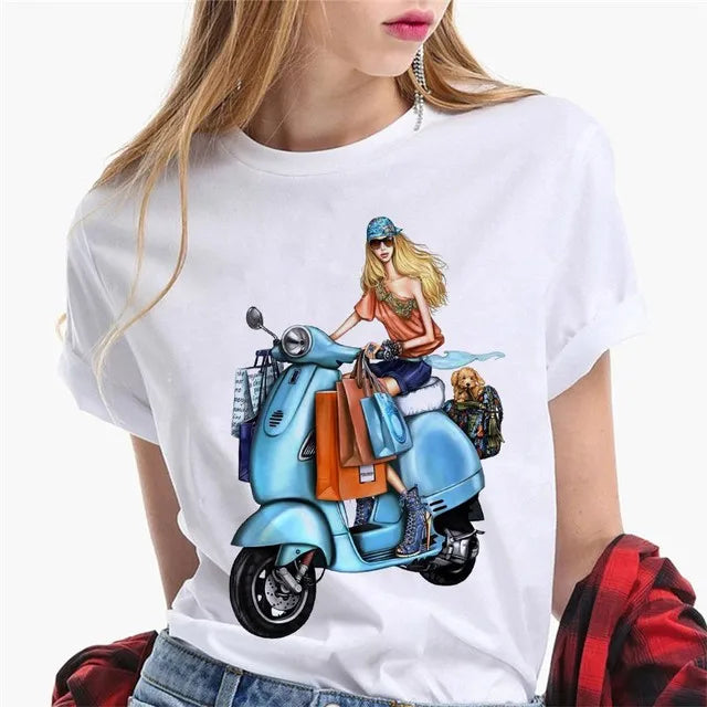 Paris Girl Europe and America Fashion Loose Ins White Short-sleeved T-shirt Woman Graphic T Shirts  Harajuku  Women Clothes