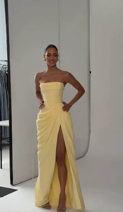 Elegant Yellow Strapless Pleated Dress Women Chic Sleeveless Waist Cinching Split Maxi Gowns Lady Evening Party Dresses 2026 New