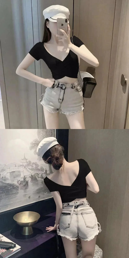 Korean Style Women's Tank Top Y2k Streetwear Solid Color Short Sleeved Crop Top Lady Summer Slim Fit Homewear Elastic Skinny Tee