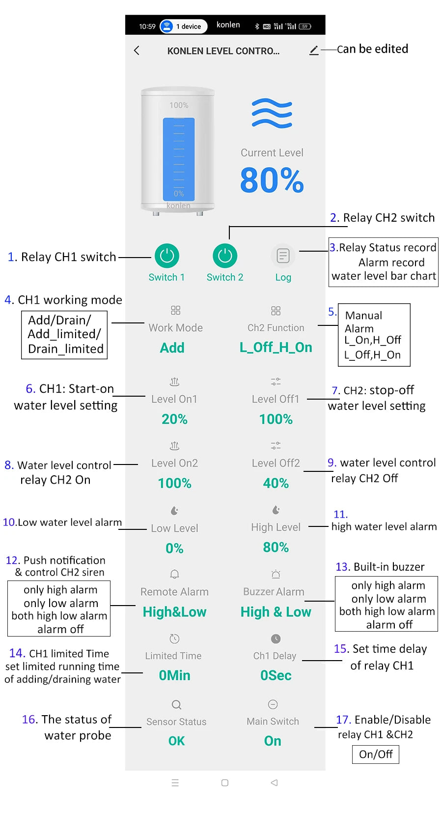 KONLEN Tuya Tank Water Level Sensor Controller Monitor WIFI Automatic Flood Leak Alarm Detector Smart Life Leakage Protection