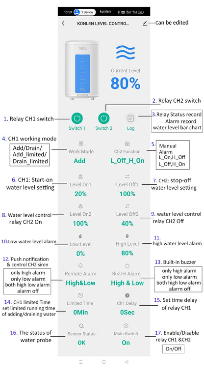 KONLEN Tuya Tank Water Level Sensor Controller Monitor WIFI Automatic Flood Leak Alarm Detector Smart Life Leakage Protection