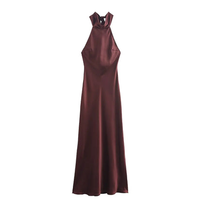 Foridol Halter Satin Dress Women Sexy Backless Burgundy summer spring Dress Elegant Maxi Long Party Dress Christmas Vestidos