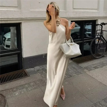 MUJER Flower Halter Dress Woman Off Shoulder Satin Long Dress Women Backless Sexy Evening Dresses Summer Party Dresses For Women