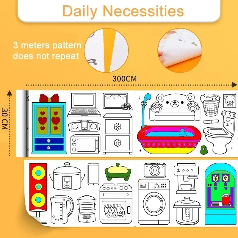 Children Drawing Roll Sticky Graffiti Scroll DIY Painting Color Filling Paper Coloring Papers for Kids Educational Toys Gifts