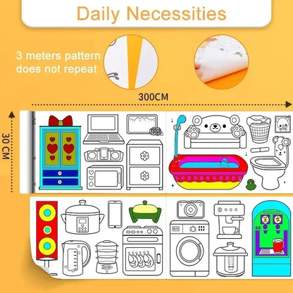 Children Drawing Roll Sticky Graffiti Scroll DIY Painting Color Filling Paper Coloring Papers for Kids Educational Toys Gifts