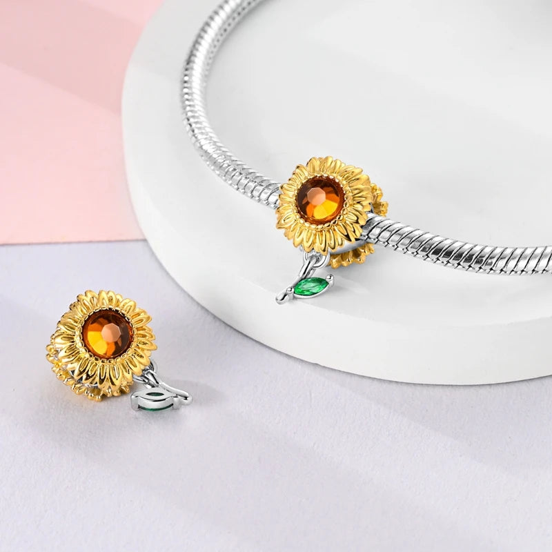Golden Sunflower Leopard Poodle Charms Beads Fit Bracelet Nacklace Jewelry DIY Gifts For Women