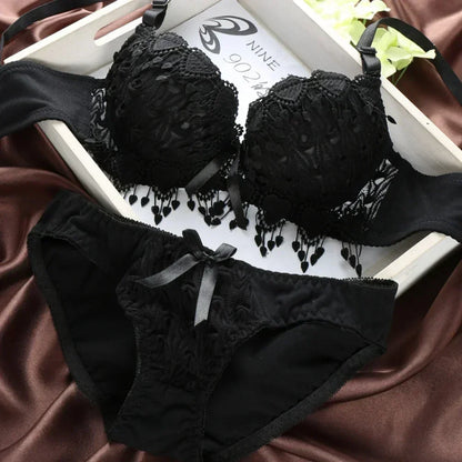 Women Lace Bra Sets Flower Printed Underwear Suit Sexy Lady Ultra-Thin Lingerie Comfortable Push Up Brassiere Outfit