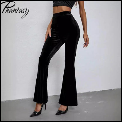 2026 Spring Fashion Velvet Pants Elegant Solid High-Waisted Slim-Fit Trousers Women's Flared Pants Streetwear Female Clothing