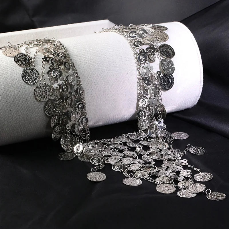 Punk exaggerated retro metal coin pendant necklace Fashion sexy exotic multi-layer fringe necklace waist chain women