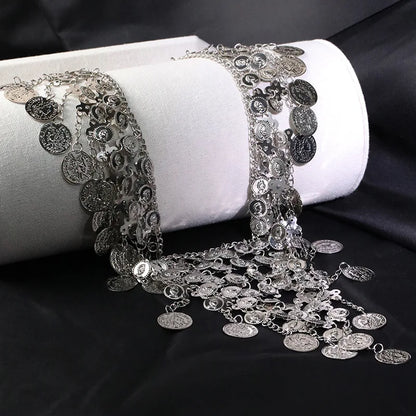 Punk exaggerated retro metal coin pendant necklace Fashion sexy exotic multi-layer fringe necklace waist chain women