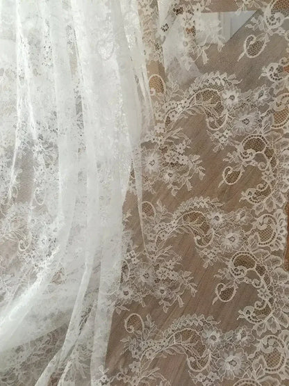 3Meters/lot Off White French Chantilly Lace Fabric , Eyelash Embroidery Lace Craft Bridal Veil Lace Accessory 150cm Width