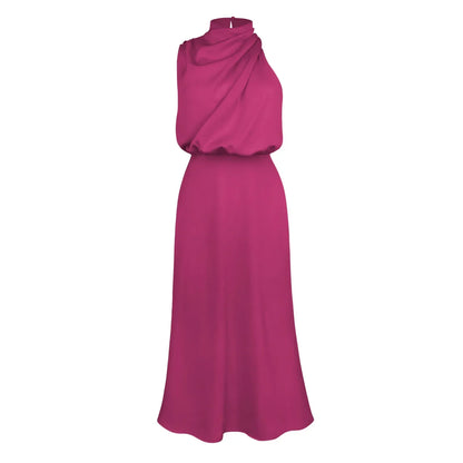 Foridol One Shoulder Turtleneck Tank Satin Women Party Dress Robe Zip Sleeveless Elegant Vintage Folds Women Clothing 2025