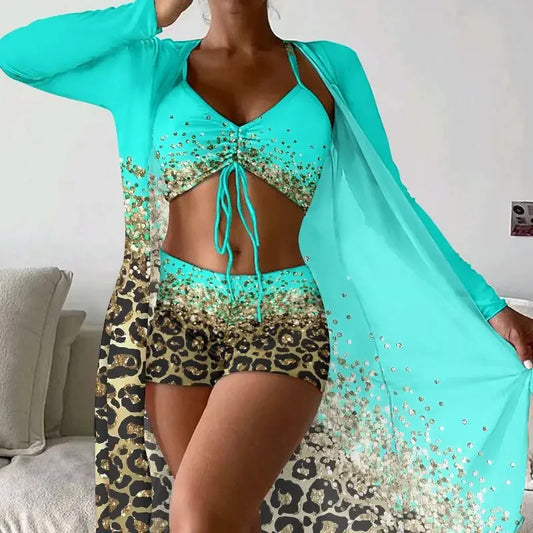 Women Bathing Suit  Print Leopard Bikinis 3 Pieces Swimsuit Kimono High Waist Bikini Shorts Long Sleeve Beach Cover Up Swimwear