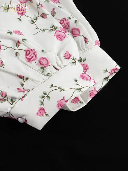 Clacive Summer Slim Print Women's Dress 2024 Sexy V-Neck Short Sleeve Mini Dresses Elegant High Waist Pleated Female Dress