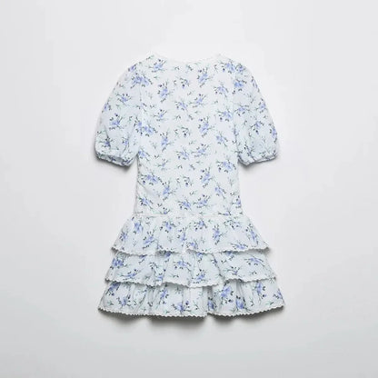 Foridol Blue Flower Print Women Tiered Mini Aummer Autumn Beach Dress Puff Sleeve Vintage Party Cotton Short Boho Lace Dress