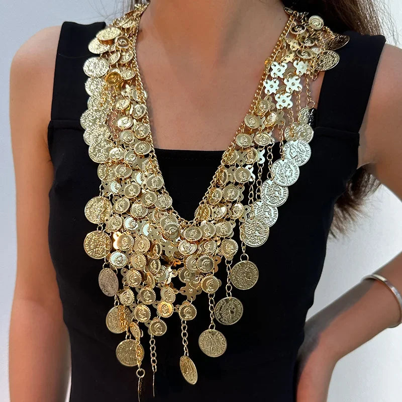 Punk exaggerated retro metal coin pendant necklace Fashion sexy exotic multi-layer fringe necklace waist chain women
