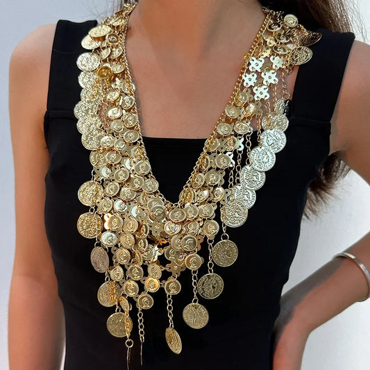 Punk exaggerated retro metal coin pendant necklace Fashion sexy exotic multi-layer fringe necklace waist chain women