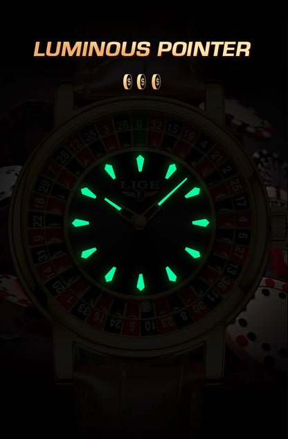 LIGE Quartz Man Watch Fashion Luxury Creative Roulette Game Dial Design Leather Casual Life Waterproof Watches for Men Gifts+Box