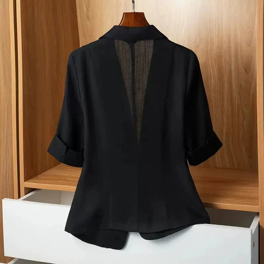 Black Solid Casual Turn-Down Collar Single Button Short Sleeve Women's Jacket Korean Fashion Suit Blazer Short Jackets Coat 2026