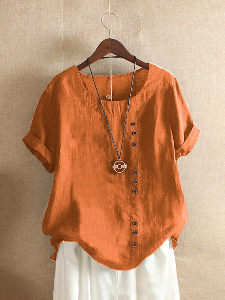 18 Colors S-5XL Women Cotton Linen Button Blouse Summer Female O-Neck Short Sleeve Solid Shirt Tops WYLP-M03