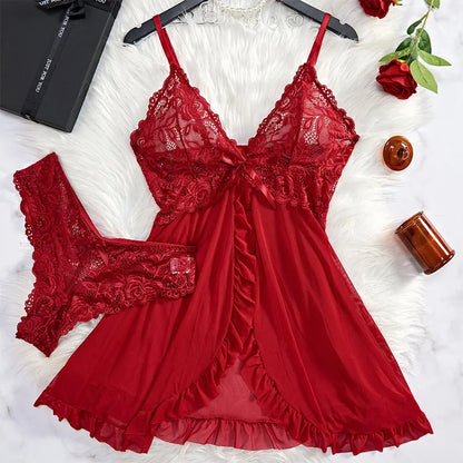 Ultra Sexy Lingerie Women Lace SeeThrough Nightdress Erotic PajamasSolid Soft Slim V Neck Sleepwear Summer Dress & Thong Kit