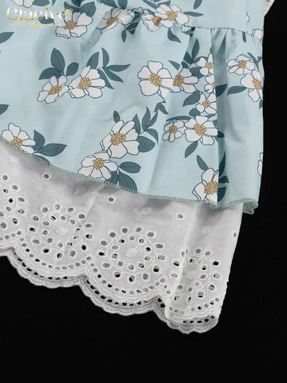 Clacive Summer Slim Print Women's Dress Fashion Slash Neck Short Sleeve Mini Dresses Elegant High Waist Patchwork Female Dress